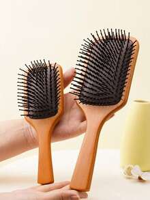 1 Large Square Wooden Massage Cushion Comb, With Round Spherical Teeth, Can Remove Hair, Reduce Breakage, And Massage Scalp. Very Suitable For Personal Use Or As A Gift.Hair , Travel Essentials, Hair Stuff, Back To School - Brown - View 1