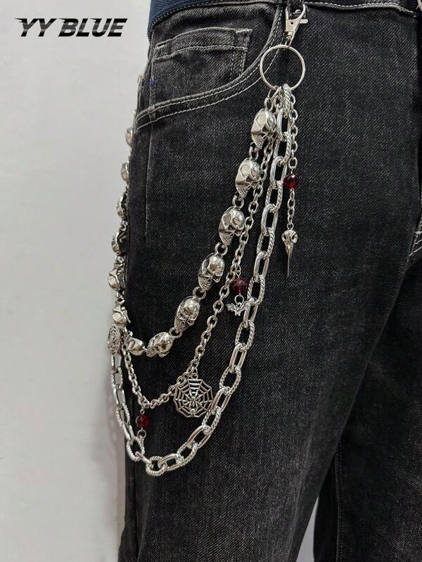 1pc Multi-Layer Fashion Hip-Hop Men's & Women's Pants Chain, Personalized Skull Clothing Chain With Bat, Spider & Skull Bird Head Pendant, Street Party Wear, Gift Waist Accessory Jewelry, Halloween Decoration