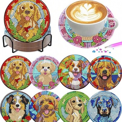 8pcs/Set Animal Dog Pattern Diamond Painting Coaster Set, Sparkling Rhinestone Heat-Resistant Beverage Mat With Holder, DIY Coaster For Beginners, Diamond Kit Craft Supplies, Artificial Diamond Art Craft Supplies Gift