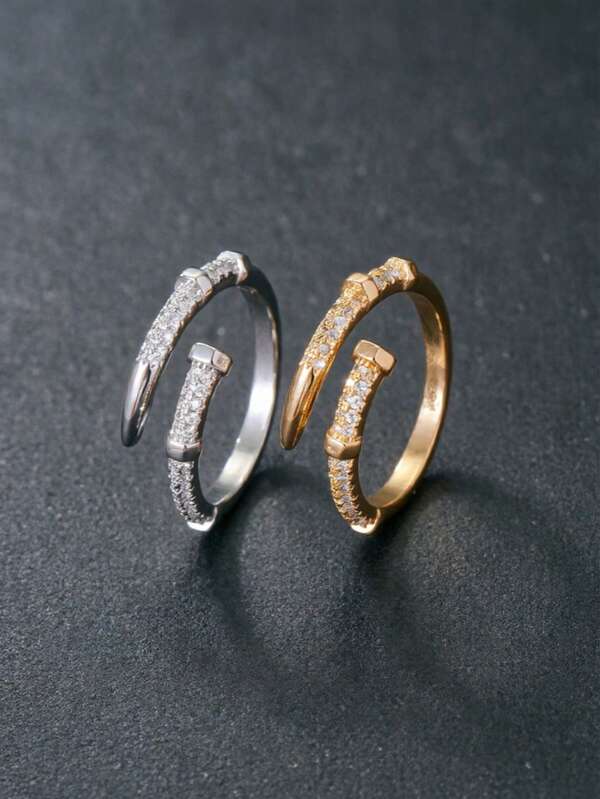1 pièce Bague femme en forme d'ongle avec zircone cubique, bicolore or & argent, taille ajustable, convient pour le mariage et les fêtes