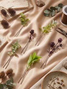 6 piezas/Set Horquillas para el cabello con forma de U con hojas de plantas artificiales, accesorios para el cabello de estilo bohemio para bodas y novias, accesorios de hadas para mujeres - Multicolor - Ver 7