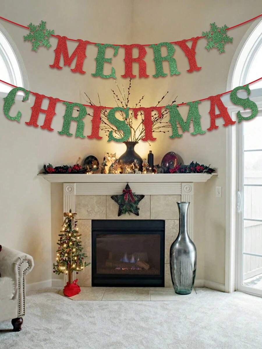 1pc Red, Green And Gold Sequin Christmas Banner, Suitable For Room And Living Room - A - View 1