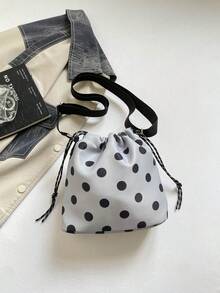 1Pc Nylon Solid Color Drawstring Bucket Bag With Polka Dot Pattern, Fashion Crossbody Shoulder Bag For Women - Grey - View 3