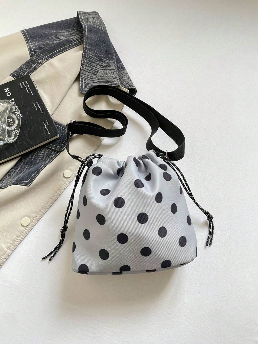 1Pc Nylon Solid Color Drawstring Bucket Bag With Polka Dot Pattern, Fashion Crossbody Shoulder Bag For Women - Grey - View 1