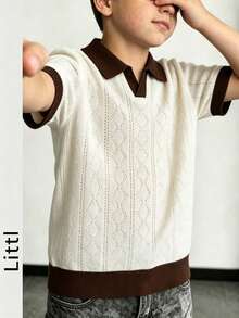 Suéter POLO de manga corta con cuello de contraste y tejido de punto jacquard calado para niños - Albaricoque - Ver 9