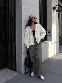 2026 Autumn/Winter Women's Heavyweight Cable Knit Casual Hooded Cardigan Sweater - Apricot - View 2