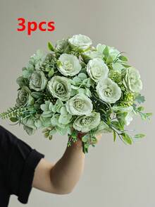 1/3/100件人造玫瑰花，仿真絲綢繡球花束裝飾塑料逼真花卉飾品，婚禮桌面中心裝飾，適用於秋季、辦公桌、花園、房間裝飾、情人節禮物 - 綠色 - 查看 7