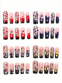 Show Your Beauty 96pcs Medium Water Pipe Nail Art Set, Elegant Cool Macaron Dopamine Colorful Gradient Butterfly Leaf Flower Stripe French Glossy Shiny Skin-Brightening Fake Nails, Fashionable Versatile Wearable Nails Suitable For Dates, Parties, Spring/Summer, Women And Girls, Autumn/Winter Daily Wear, Removable Press-On Nail Set With Jelly Glue And Nail File, Easy To Wear And Durable, Jelly Glue Randomly Shipped - Multicolor - View 2