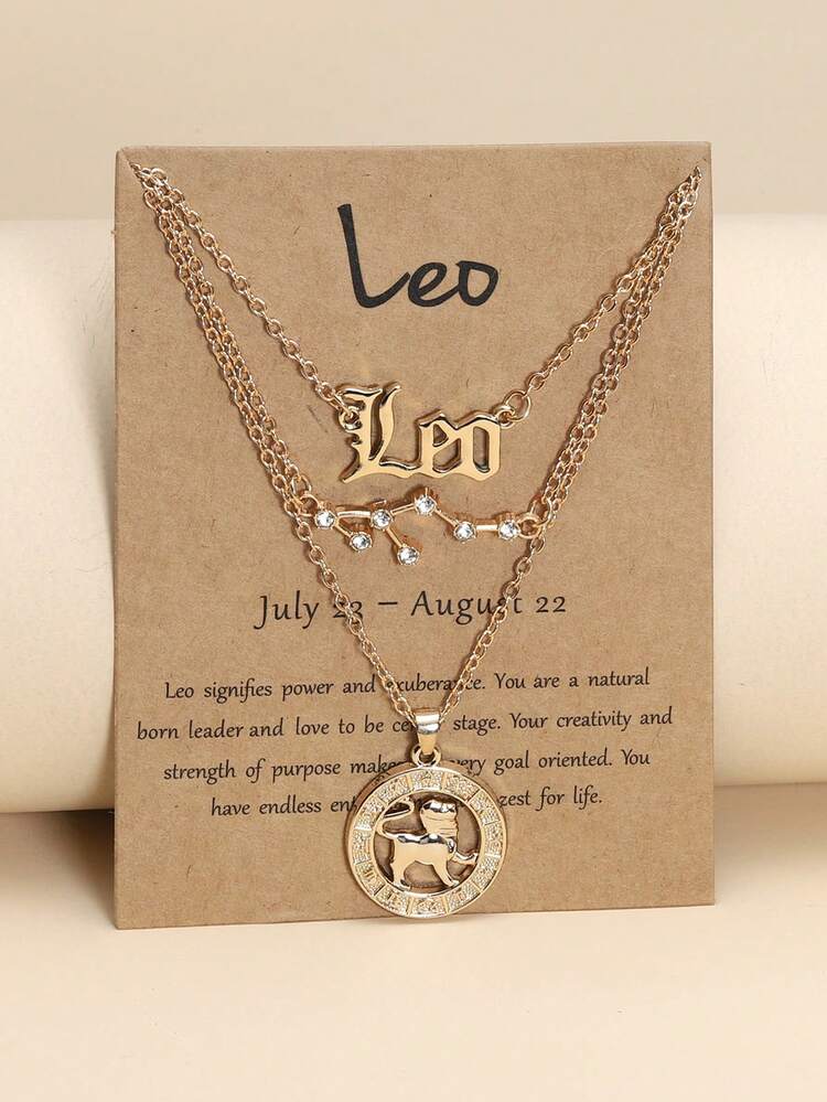 3pcs Stackable Zodiac Symbol Pendant Collarbone Chain Necklace Set, Birthday Gift For Women, Gold Plated Necklace Set - Yellow Gold - View 13