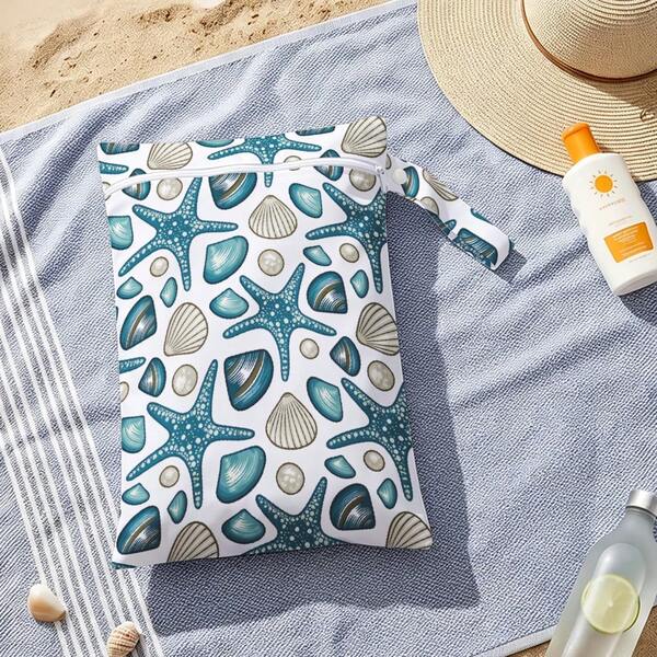 1PC Starfish Seashell Pearl Print Wet Dry Bag, Ocean Beach Themed Wet Dry Separation Bag, Reusable Zippered Swim Pouch, Portable Swimsuit Storage Bag