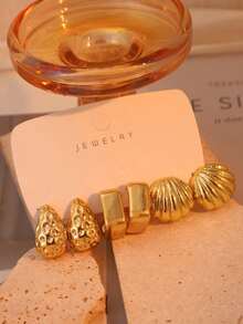 3/9 Pairs Gold Stud Earrings Set, Water Drop, Smooth Round, Shell, Concave Water Drop Gold Earrings, Ideal For Travel, Vacation, Daily Wear Or Gift For Friends And Family - Gold - View 4