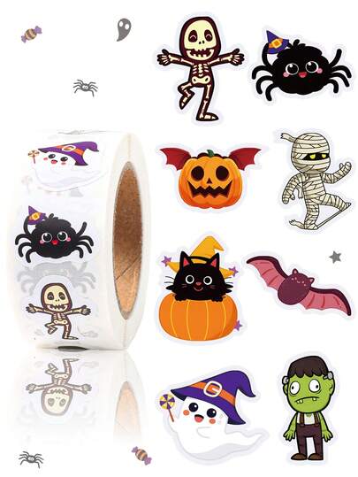 500 piezas/rollo Etiquetas adhesivas con forma de esqueleto de dibujos animados, Pegatinas de Halloween con fantasmas, calabazas, arañas, Pegatinas de araña para recuerdos de fiesta de Halloween, Etiquetas adhesivas para bolsas de dulces de Halloween, Decoraciones de fiesta de Halloween, Decoración de Halloween, Pegatinas para botellas de agua, Suministros para fiesta de Halloween 2026, Pegatinas de decoración del hogar, Pegatinas para envolver regalos, Decoración de vacaciones de otoño/invierno, Etiquetas adhesivas DIY, Regalos de cumpleaños, Regalos de Halloween, Navidad, Regreso a la escuela, Día de la Madre