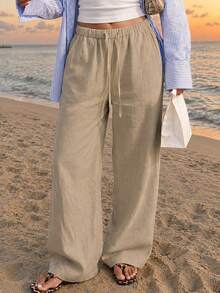 Loose Fit Women's Long Wide Leg Pants With Adjustable Drawstring, Suitable For Beach Vacation And Daily Comfortable Wear - Apricot - View 3