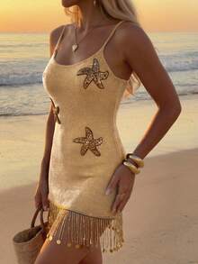 Sultry Sol Women's Summer 2026 New European & American Fashion Starfish Decor Tassel Design Beach Vacation Sleeveless Cover-Up Short Dress Elegant - Khaki - View 5