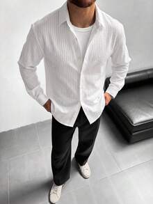 Men's Solid Color Single-Breasted Casual Versatile Daily Long Sleeve Shirt, White Casual Long Sleeve Shirt - White - View 3