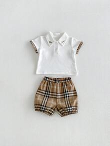 Miniweenns Unisex Baby & Toddler Back To School Summer Letter Embroidered Polo Collar Set, White & Brown Plaid Short Sleeve Top + Shorts 2-Piece Outfit - Multicolor - View 13
