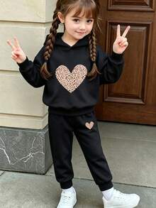 2 piezas/Set Sudadera y pantalón deportivo de felpa con estampado de leopardo y de corazón para niñas jóvenes, otoño invierno - Negro - Ver 1