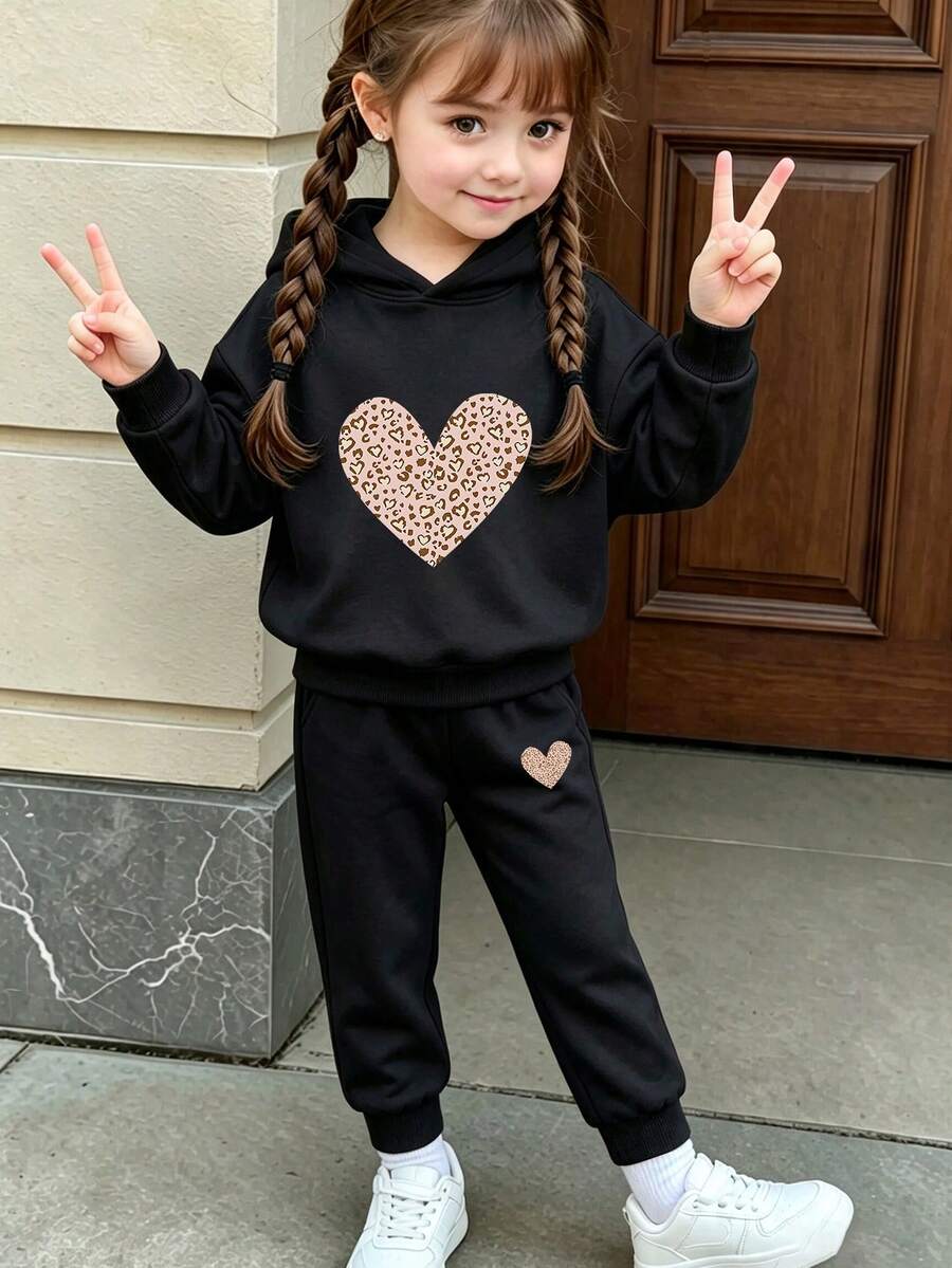 2 piezas/Set Sudadera y pantalón deportivo de felpa con estampado de leopardo y de corazón para niñas jóvenes, otoño invierno - Negro - Ver 1