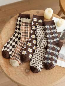 5 Pairs Women's Brown Argyle Round Toe Mid-Calf Socks, Soft Vintage Preppy Casual Socks, Suitable For Autumn Campus Daily Wear And Gifting - Multicolor - View 8