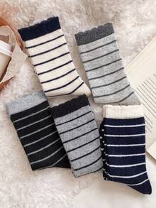 3 Pairs Random Assorted Unisex Ruffle Cuff Socks, Black White Navy Fine Horizontal Striped, Skin-Friendly Durable Comfortable Breathable Korean Vintage Style Mid-Calf Socks For Daily Home Commute Holiday Gift Office - Multicolor - View 7