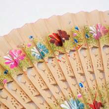 Random Pattern Folding Fan, Spanish Classical Double-Sided Painted Wooden Fan, Handheld Folding Fan With Vintage Handmade Bamboo Handle And Tassel, Hollow Dance Fan, Home Decor Craft, Elegant Gift For Women, Suitable For Wedding, Cheongsam And Performance - Multicolor - View 10