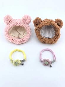 4pcs/Set Plush Bear Ear Pet Hat 2pcs + Flower Bell Collar 2pcs, Cute Photo Props Accessory Set For Cats And Dogs - Multicolor - View 2