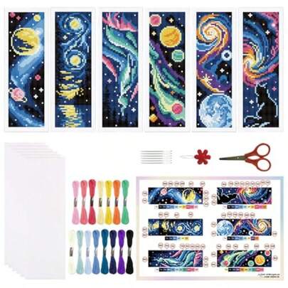 6 Set Universe Starry Night Cross Stitch Bookmark Kit For Beginner With Backing Felt Floss Instructions DIY Stamped Embroidery Bookmark Kit For Adults, Book Lovers