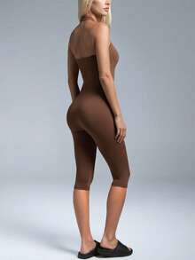 NcmRyu Women's 1pc Solid Color Seamless Halter Backless Sports Bodysuit - Mocha Brown - View 3
