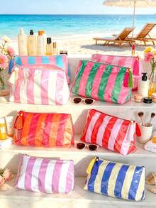 Waterproof Striped Cosmetic Bag With Tassel Large Capacity Makeup Bag Portable Wash Bag Multi-Color Travel Makeup Storage Bag For Beach & Bathroom - Multicolor - View 1