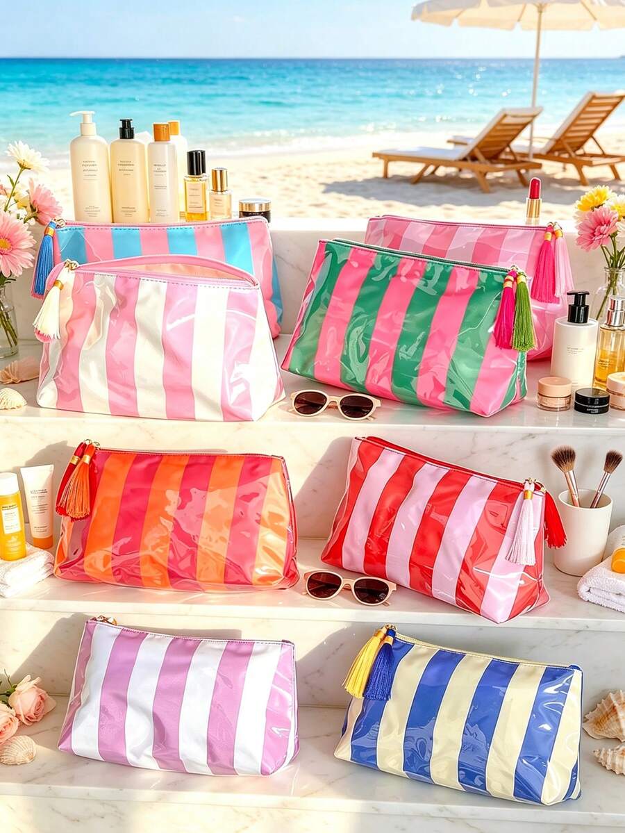 Waterproof Striped Cosmetic Bag With Tassel Large Capacity Makeup Bag Portable Wash Bag Multi-Color Travel Makeup Storage Bag For Beach & Bathroom - Multicolor - View 1