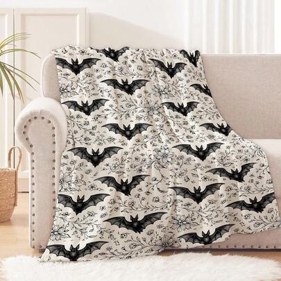 Bat Blanket Soft Lightweight, Gothic Floral Bat Pattern Flannel Throw Blankets For Bed Sofa Office RV Travel Bathroom Home Vintage Black And White Halloween Decor, Goth Lovers Gifts,Throw Blanket,Room Decor,Halloween Decorations,Fall Decor
