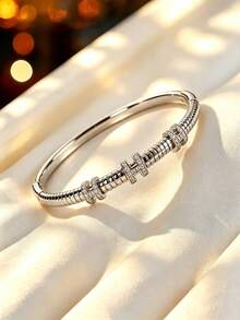 1pc Vintage Cylindrical Texture H Element Zirconia Inlaid Bracelet, Niche Design Commuter Layering Versatile Atmospheric Elegant Hand Accessory - Bracelet - View 5