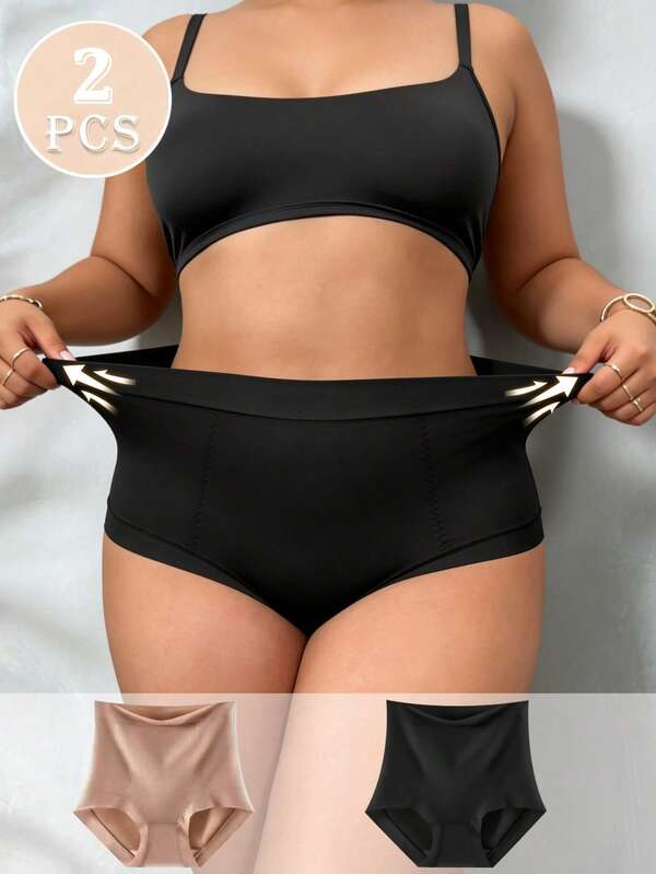 2 Peças Cuecas Modeladoras Sem Costuras de Cintura Alta Plus Size com Controlo Abdominal, Roupa Interior e Lingerie Feminina