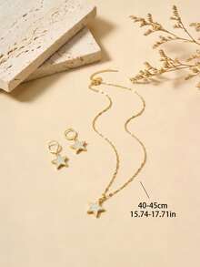 3pcs/Set Fashion Sparkling Full Cubic Zirconia Star, Five-Pointed Star Stainless Steel Women's Necklace Set, Suitable For Women's Daily Wear, Beach Vacation, Travel, Party - Yellow Gold - View 5
