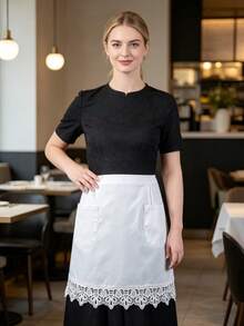 1pc White Lace Trim Half Apron, Double Pocket Design, Waitress Work Apron For Restaurant, Milk Tea Shop, Hotel Cleaning Staff - White - View 8