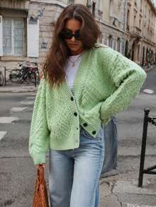 2026 Autumn/Winter Women's Chunky Knit Sweater, Cable Knit Pattern, V-Neck, Long Sleeve, Loose Fit, Button-Down Cardigan Top - Green - View 2