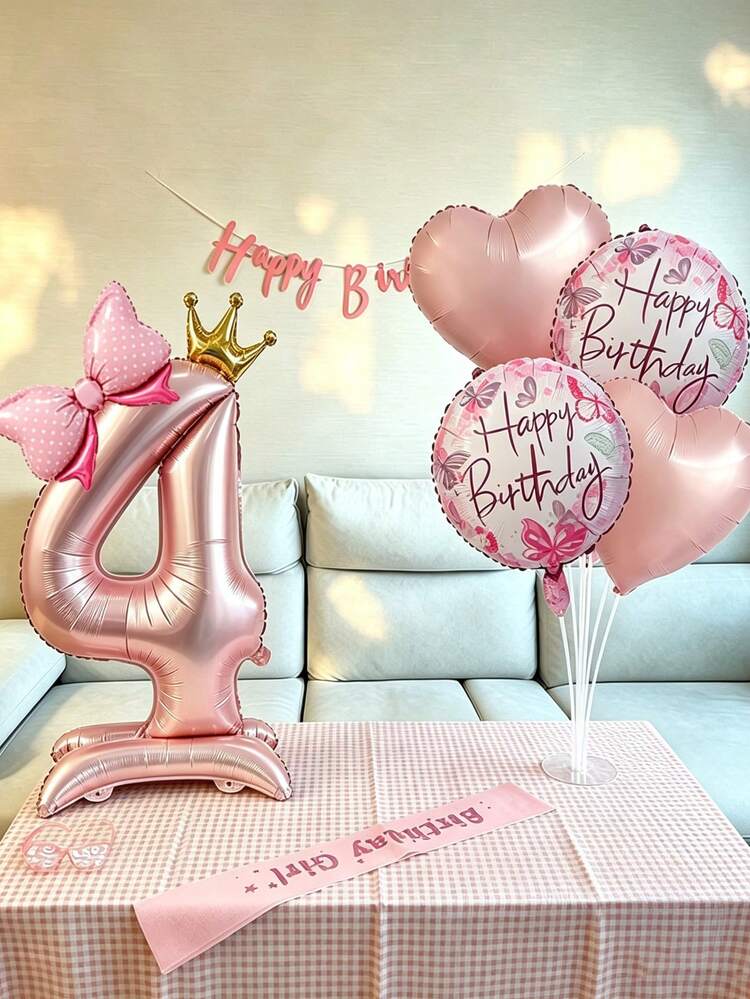 Standing Digital Bow Tie & Birthday Round Balloon Set, Suitable For Birthday Party, Gathering Decoration, Anniversary Celebration, Holiday Celebration, Backdrop Wall, Outdoor Party Scene Decoration - Pink Standing Numbers With Heart, Ball, and Bow Balloons - View 8