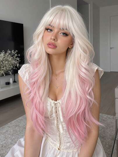 24 Inch Long Gradient Pink Elegant Curly Wig For Women, Made Of High Temperature Fiber Material With Mesh Cap Design, Suitable For Daily Wear, Festivals And Cosplay