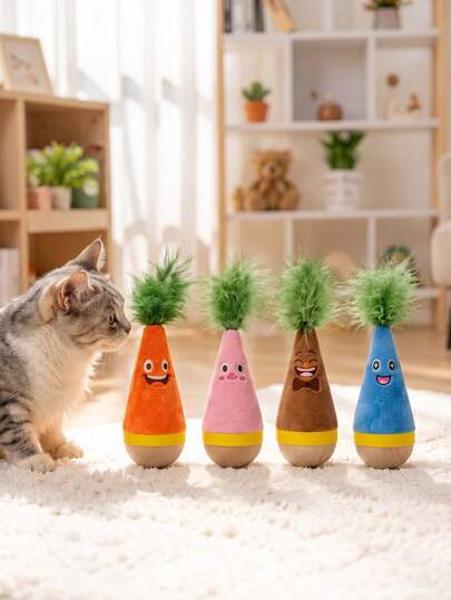 Cute Cartoon Carrot Tumbler Cat Toy, Feather Interactive Plush Cat Toy, Wooden Base Squeaky Kitten Teething Toy
