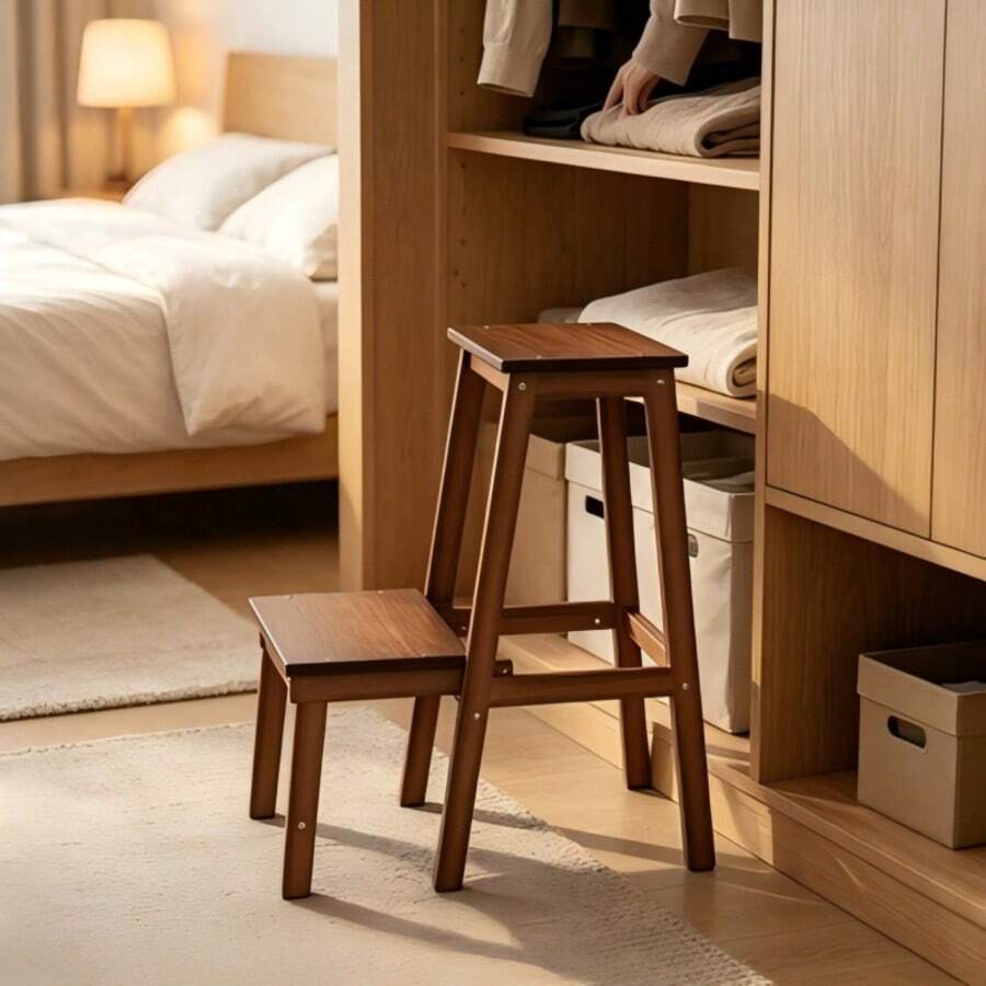 1pc Vintage Contrast Color Double-Layer Solid Wood Folding Step Stool, Featuring Double-Layer Step Design And Integrated Folding Structure, Space-Saving Storage When Not In Use, Suitable For Small Home Spaces - Brown - View 1