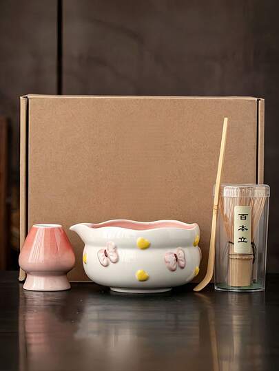 4件組壓紋愛心陶瓷抹茶碗套組，宋代抹茶工具，日式茶道抹茶工具組，陶瓷櫻花抹茶碗，100齒茶筅，茶筅，茶篩，茶匙，茶布，抹茶愛好者的完美禮物