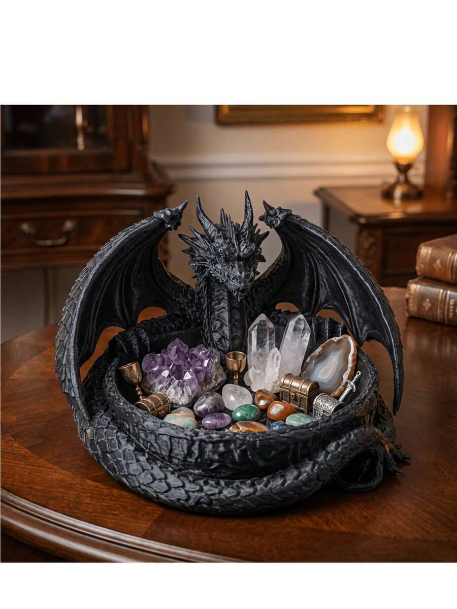 1pc Black Curly Dragon Resin Storage Tray, Gothic Witch Crystal Ore Display Dish, Multi-Functional Jewelry Key Coin Organizer, Wicca Altar Spiritual Desktop Decor Gift - Multicolor - View 1