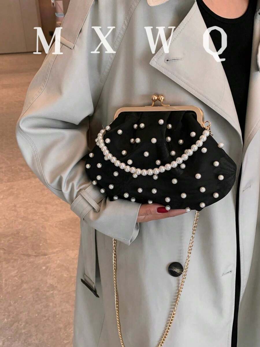 Pearl Chain Fashion Clasp Handbag For Daily Use, Dating, Evening Party, Crossbody Bag - Black - View 1