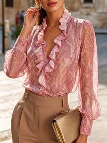 Blusa con cuello en V y volantes con estampado de serpiente 2026, camisa de gasa con estampado de serpiente, blusa con mangas abullonadas y volantes, rosa de vacaciones amigable con tallas grandes - Rosa - Ver 6