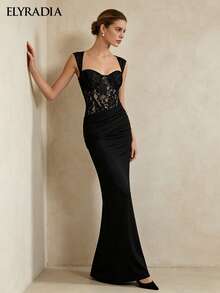 ELYRADIA Sexy Lace Summer Wedding Guest Dress Elegant Square Neck A-Line Slim Fit Bridesmaid Gown For Special Occasions - Black - View 5