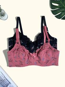 3pcs/Set Sujetador sin costuras con estampado fresco, con aro, soporte lateral, tirantes ajustables, cómodo para uso diario, talla grande para mujeres - Multicolor - Ver 5