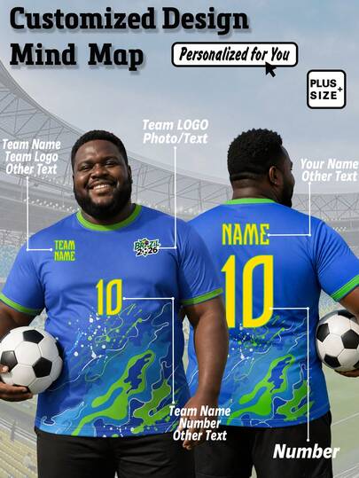 1pc 2026 World Cup Men's Plus Size Soccer T-Shirt: Blue & Green. Customization Service - Add Your Name, Number Or Unique Design Elements. Best Sports