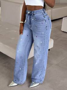 2025 Autunno/Inverno Nuova Moda Jeans a Gamba Larga con Decorazione in Strass - Eleganti Pantaloni in Denim a Gamba Dritta da Donna per Feste & Uso Quotidiano Casual Vacanze Primavera Autunno - Lavaggio chiaro - Visualizzare 6