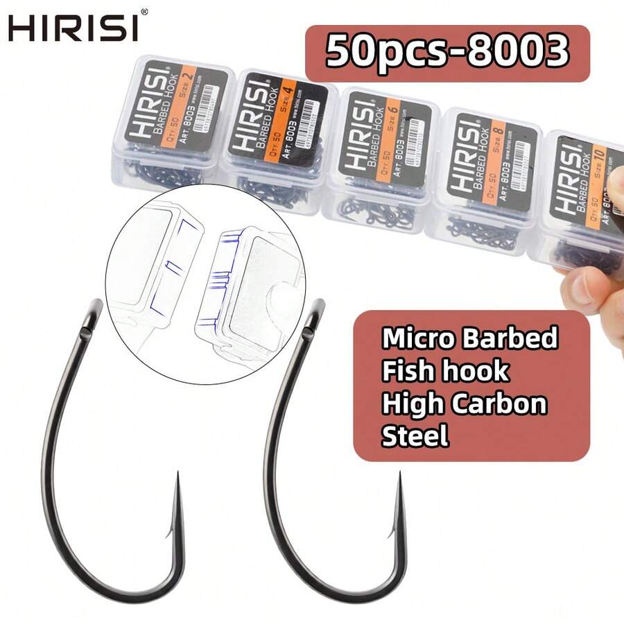 Hirisi 50入 高碳不鏽鋼鍍層有刺鯉魚鉤 帶眼 8003 釣魚配件 - 黑色 - 查看 1