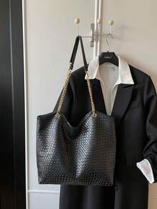 Vintage Black Woven Texture Daily Commute Versatile Large Capacity Tote Bag - Black - View 3